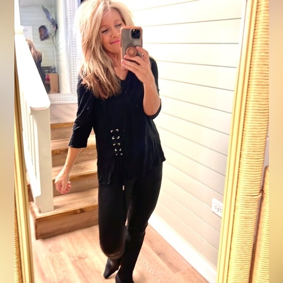 Carine,V-Neck,lightweight crinkle top, Cool geo patterns,Side Drawstring Ruching - Picture 1 of 16